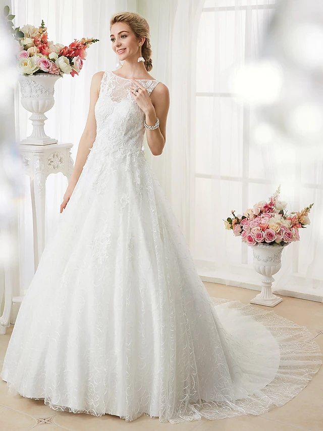 Ball Gown Wedding Dresses Bateau Neck Court Train Beaded Lace Regular Straps See-Through Beautiful Back with Beading