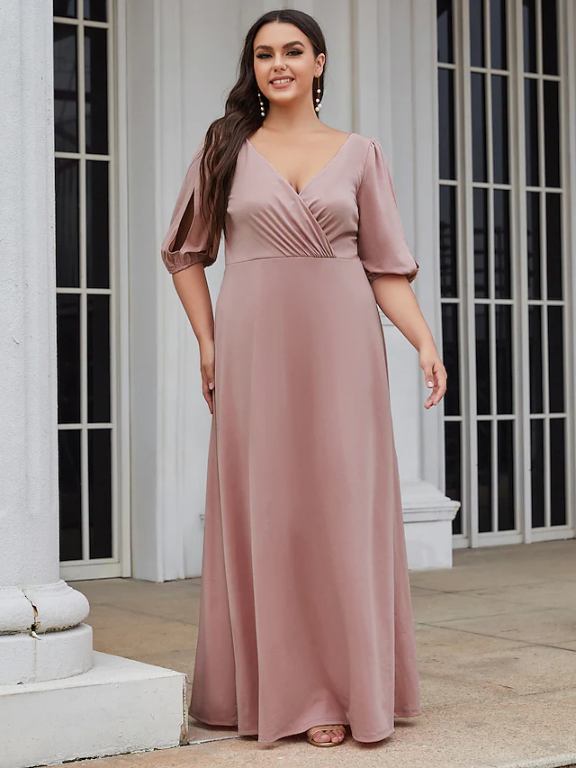 A-Line V Neck Floor Length Satin Stretch Satin Bridesmaid Dress with Ruching Plus Size