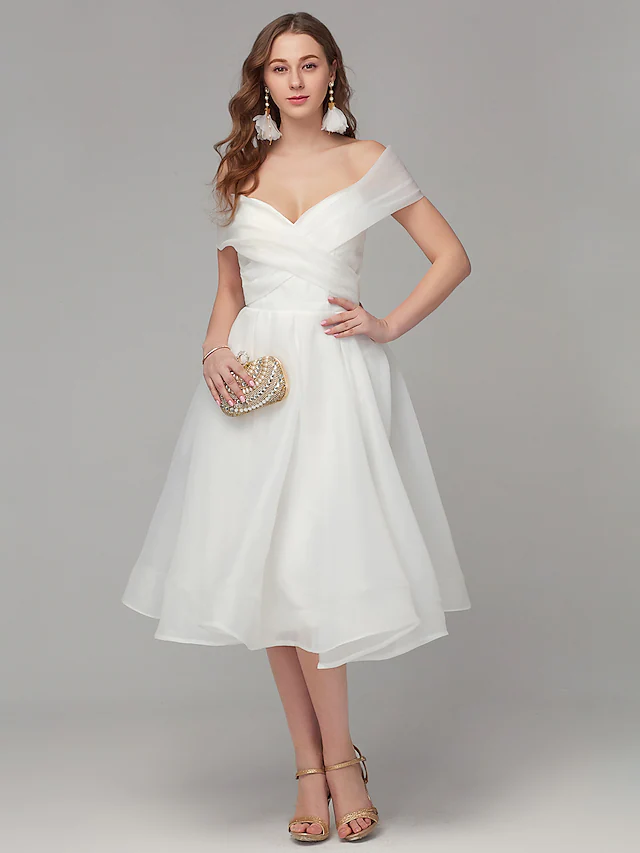 A-Line White Elegant Engagement Cocktail Party Dress Off Shoulder Sleeveless Tea Length Organza with Criss Cross