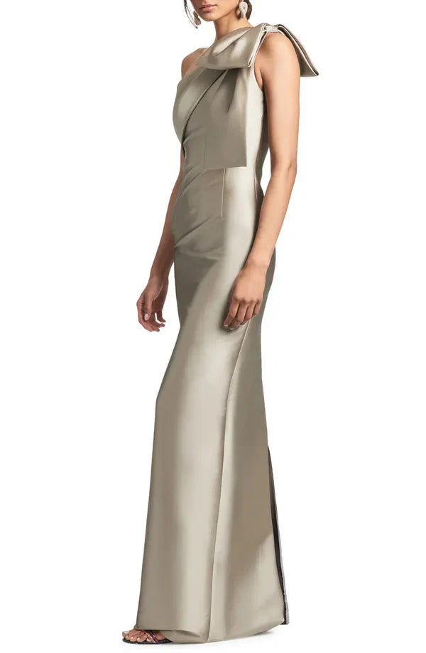 Satin Mermaid Party Dress Evening Gown Champagne Black Elegant Dress Formal Fall Ankle Length Sleeveless One Shoulder with Bow(s)