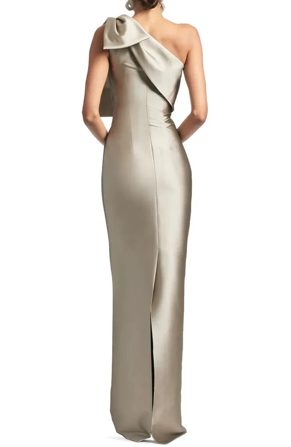 Satin Mermaid Party Dress Evening Gown Champagne Black Elegant Dress Formal Fall Ankle Length Sleeveless One Shoulder with Bow(s)