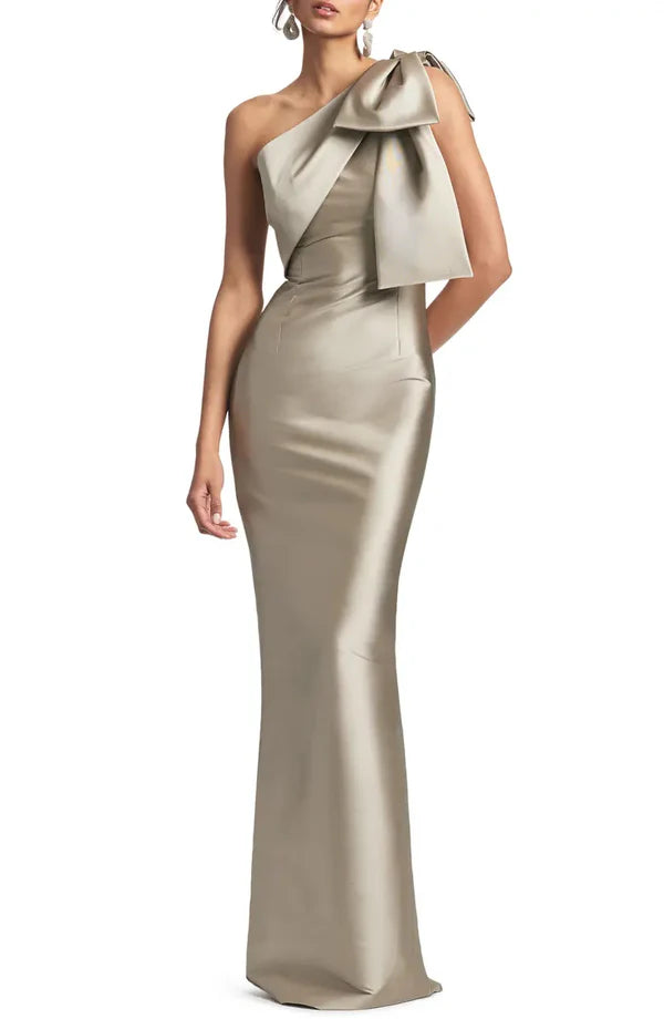 Satin Mermaid Party Dress Evening Gown Champagne Black Elegant Dress Formal Fall Ankle Length Sleeveless One Shoulder with Bow(s)