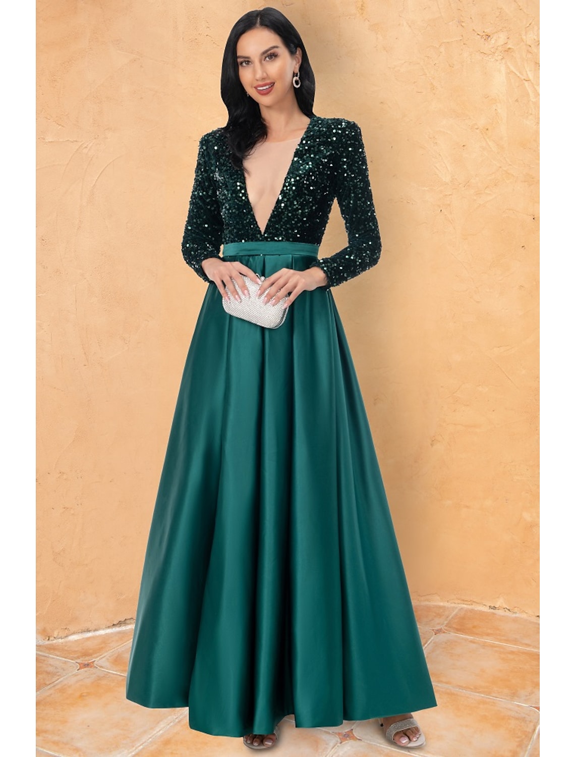 Ball Gown Cocktail Dresses Sparkle & Shine Dress Wedding Party Floor Length Long Sleeve V Neck Sequined