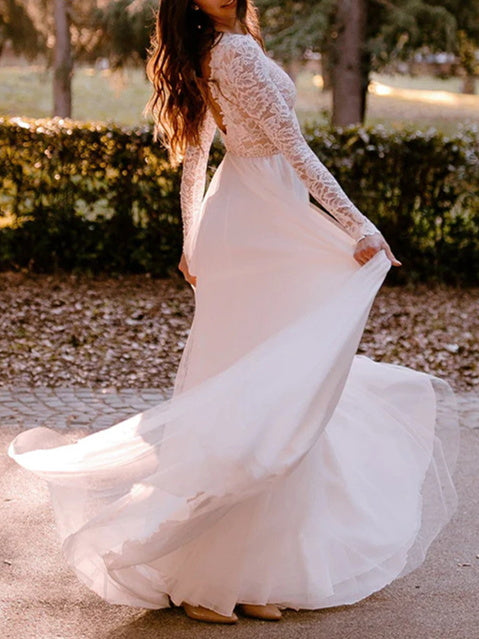 A-Line/Princess Scoop Floor-Length Wedding Dress Open Back
