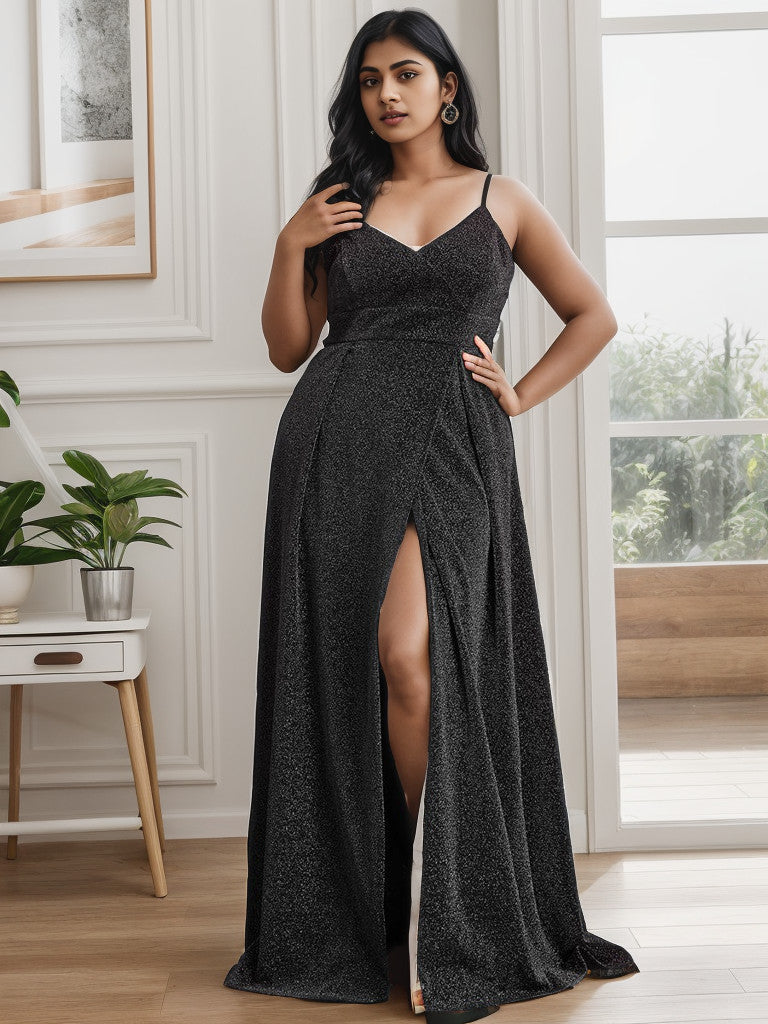 Plus Size Spaghetti Strap Shiny Formal Evening Dress for Wedding Sexy