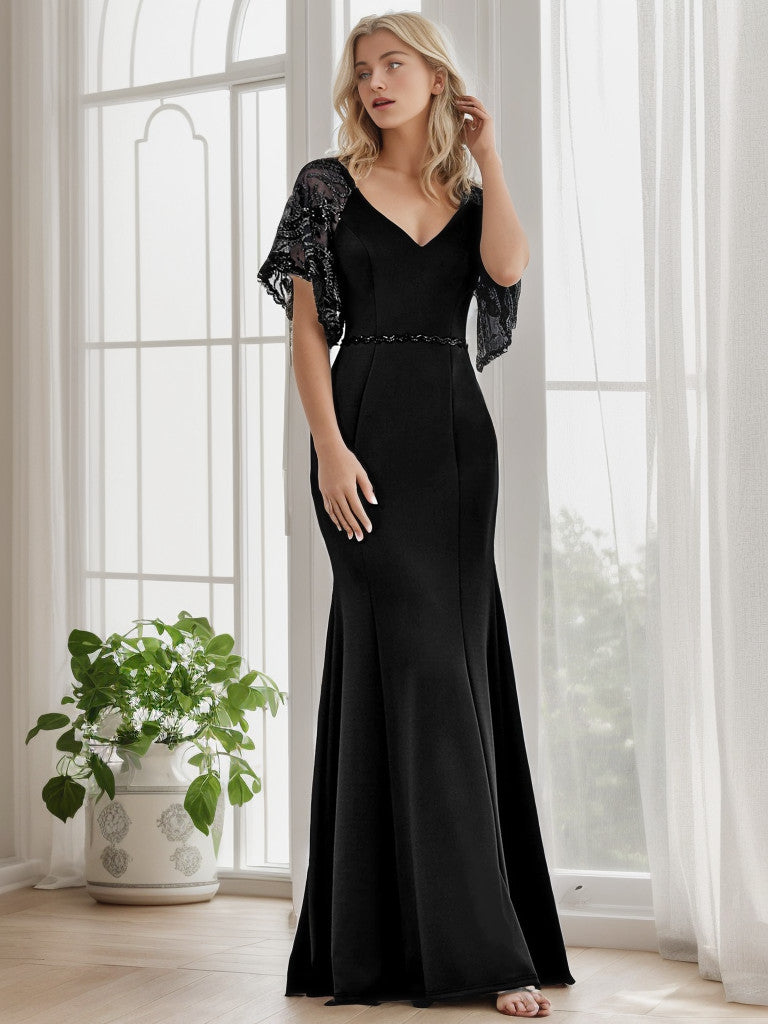 Sexy V Neck Maxi Bodycon Evening Dress with Flare Sleeves Sexy