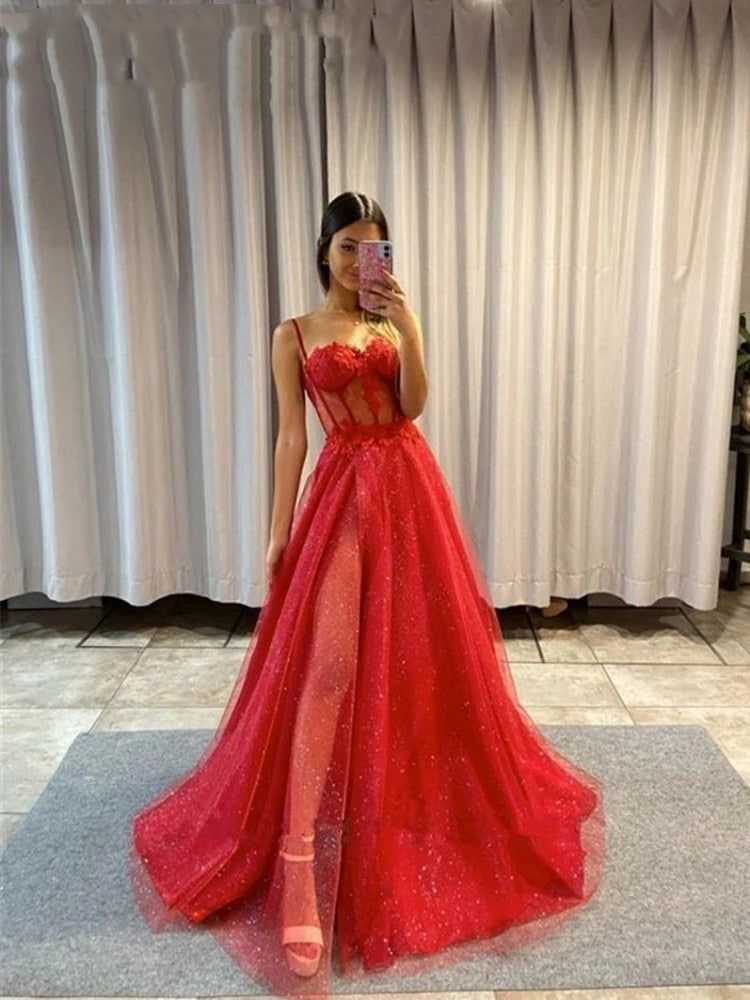Black A Line Sweetheart Lace Aqppliques Tulle Prom Dresses Slit Sexy Evening Dresses