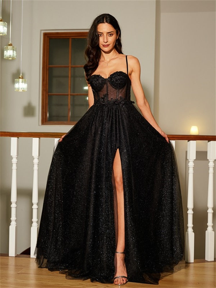 Black A Line Sweetheart Lace Aqppliques Tulle Prom Dresses Slit Sexy Evening Dresses