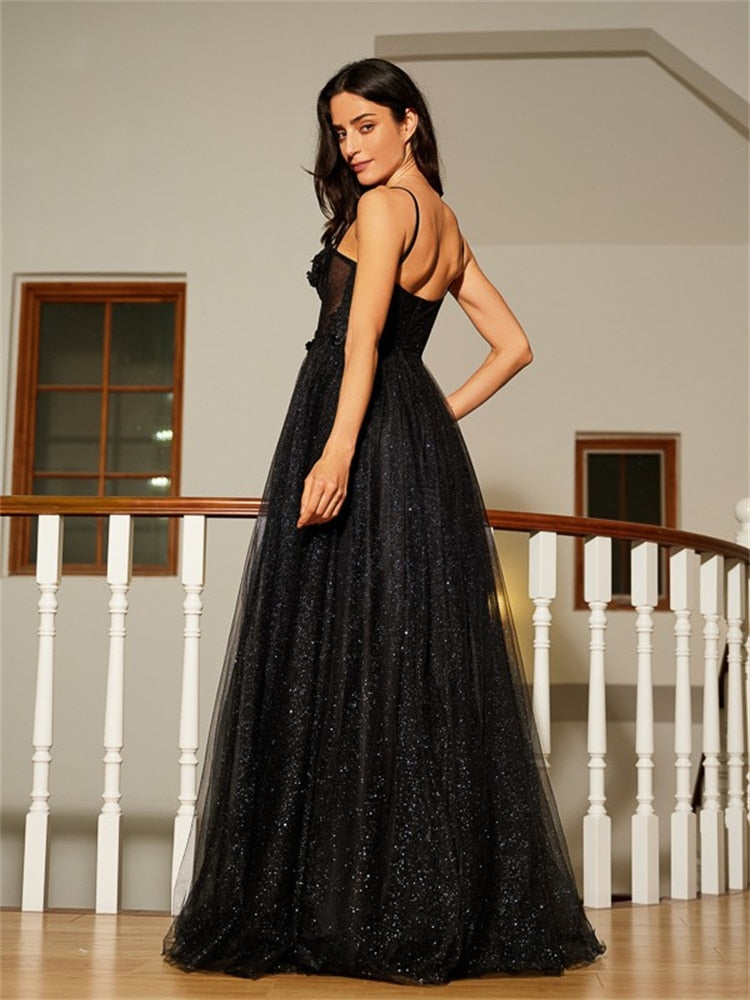 Black A Line Sweetheart Lace Aqppliques Tulle Prom Dresses Slit Sexy Evening Dresses