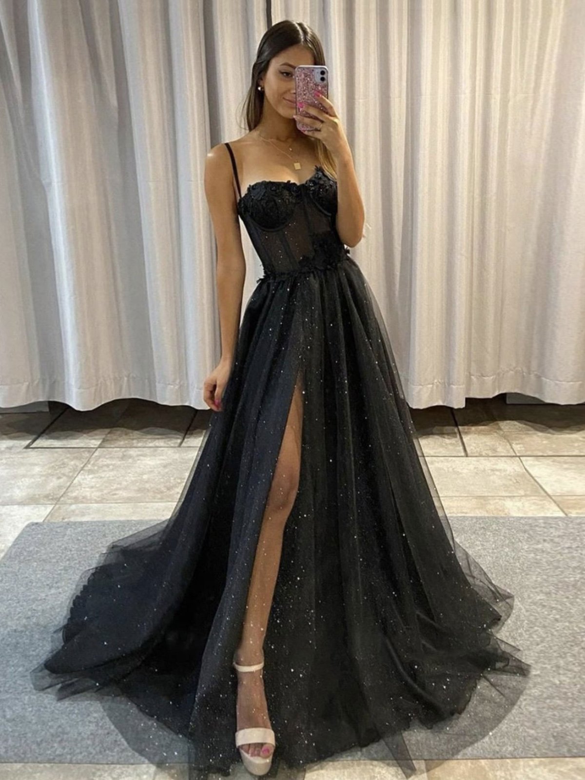 Black A Line Sweetheart Lace Aqppliques Tulle Prom Dresses Slit Sexy Evening Dresses