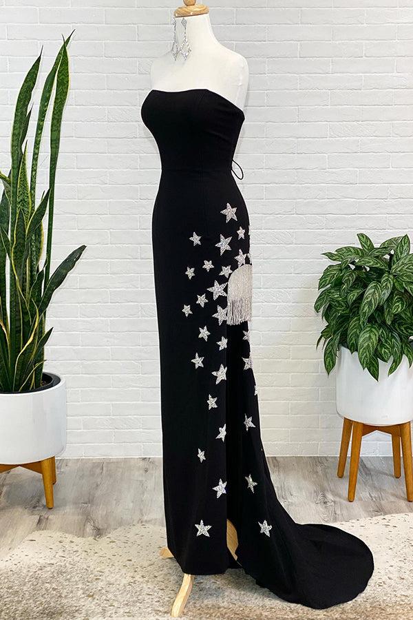 Black Strapless Sheath Slit Prom Dress with Stars and Fringes Off Shoulder With Slit
