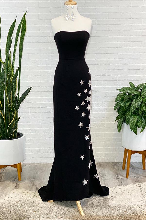 Black Strapless Sheath Slit Prom Dress with Stars and Fringes Off Shoulder With Slit