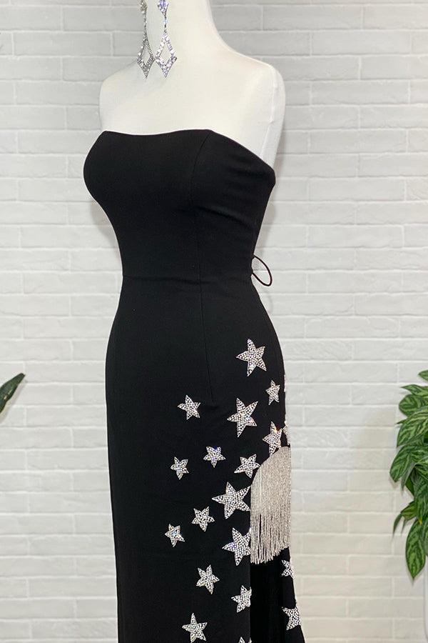 Black Strapless Sheath Slit Prom Dress with Stars and Fringes Off Shoulder With Slit