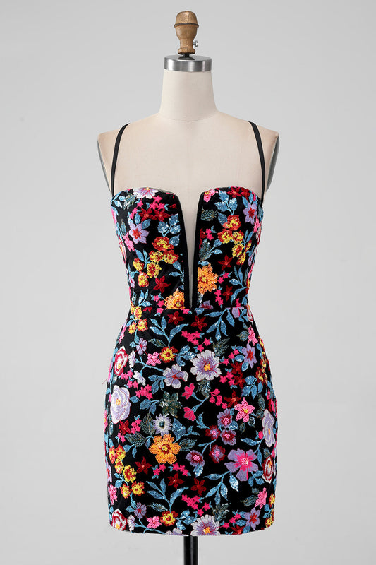 Black Flower Mermaid Spaghetti Straps Embroidered Short Homecoming Dress Sexy