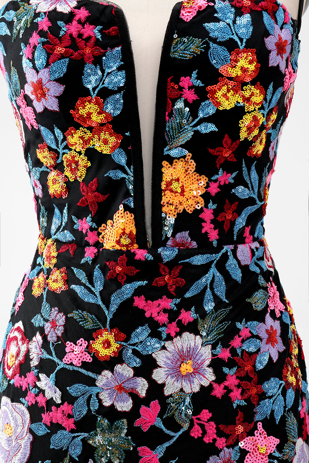 Black Flower Mermaid Spaghetti Straps Embroidered Short Homecoming Dress Sexy