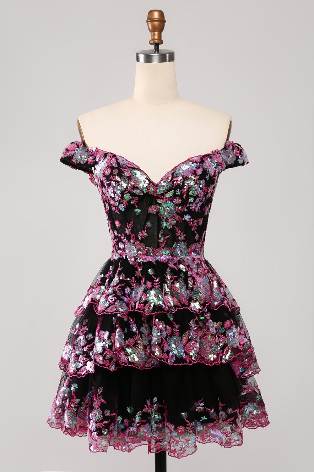 Sparkly Black Pink A-Line Corset Tiered Short Homecoming Dress Sexy