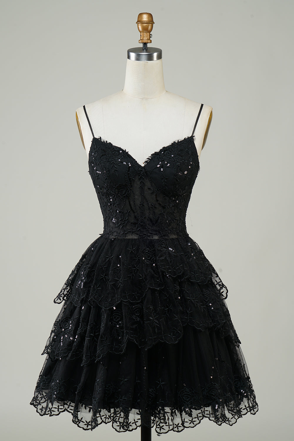 Cute Black A Line Sparkly Sequin Tiered Corset Short Homecoming Dress Beautiful