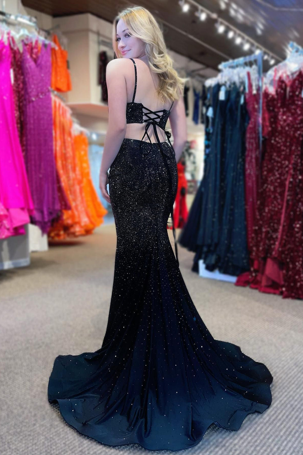 Mermaid Spaghetti Straps Long Prom Dress with Beading Sexy Evening Dresses