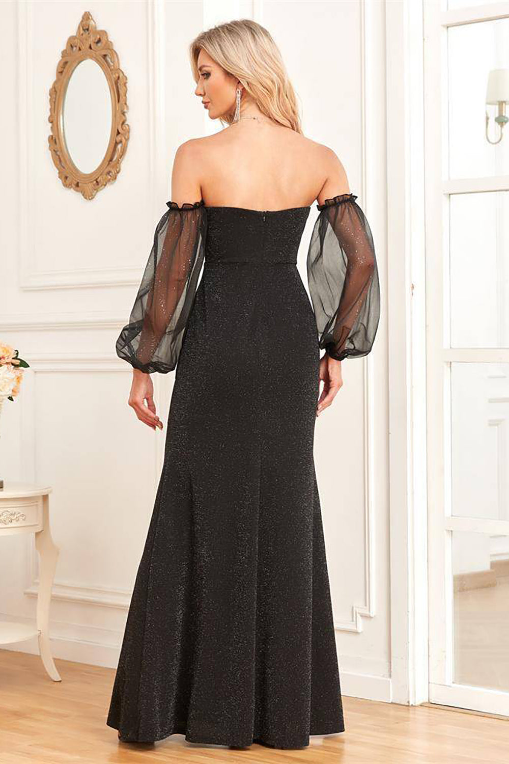 Black Mermaid Strapless Long Prom Dress With Long Sleeves Sexy Evening Dresses