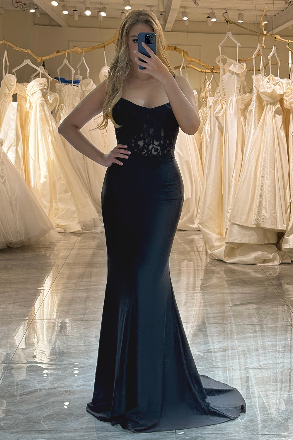 Mermaid Spaghetti Straps Corset Black Prom Dress With Appliques Sexy Evening Dresses