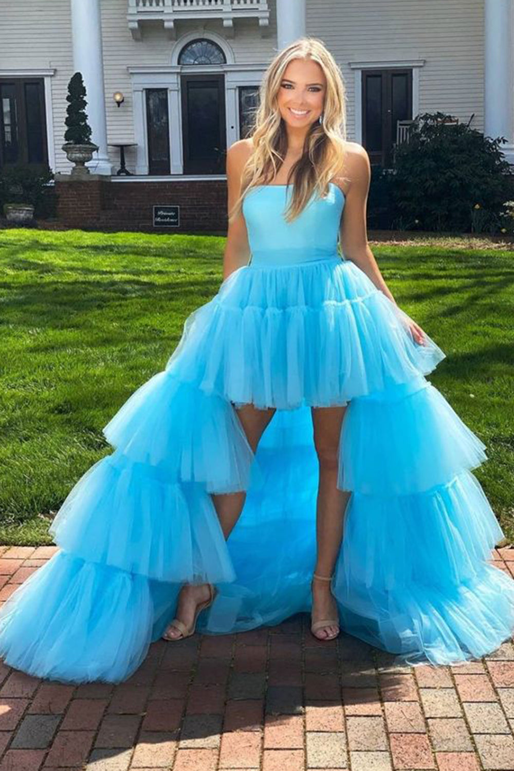 Blue A-Line High Low Strapless Homecoming Dress with Ruffles Off Shoulder