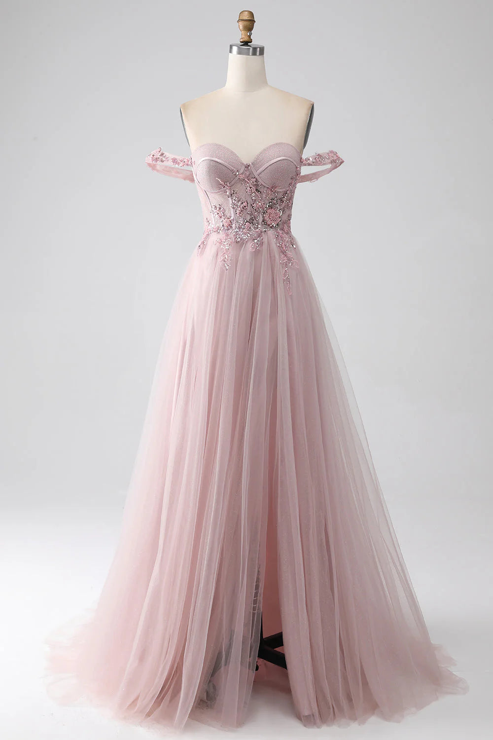 A Line Beaded Prom Dress with Slit Off Shoulder Long Sexy