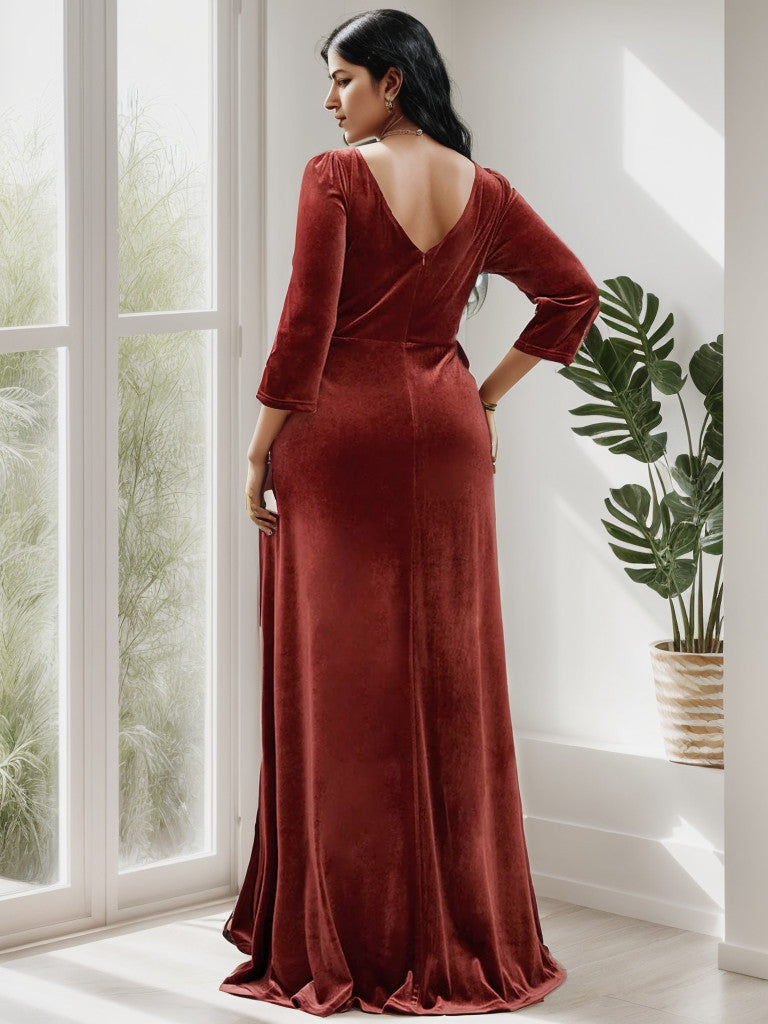 Plus Size Velvet Plunging V-Neck Front Slit 3/4 Sleeve Evening Dress Sexy