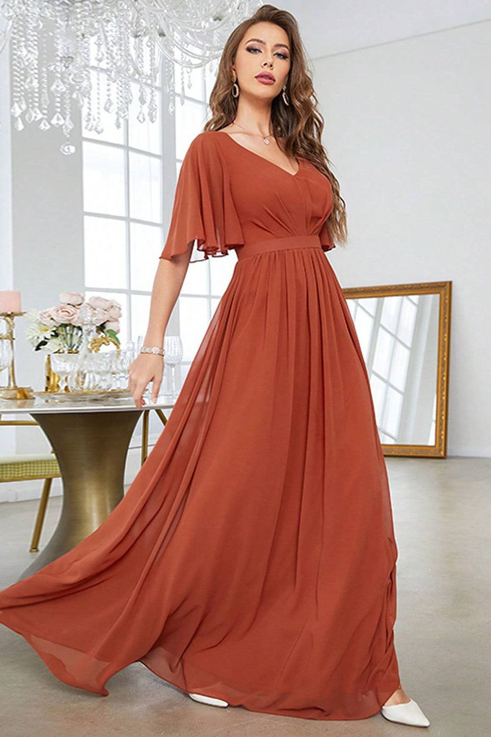 Brick Red Sheath Chiffon Long Prom Dress V-neck Evening Dresses