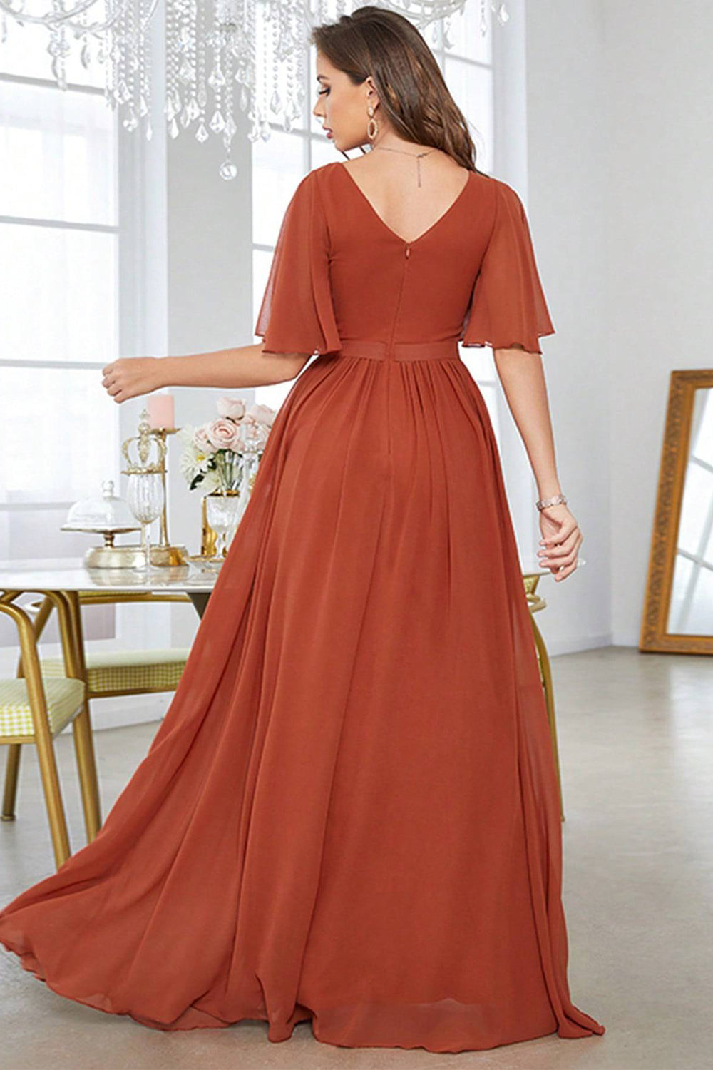 Brick Red Sheath Chiffon Long Prom Dress V-neck Evening Dresses