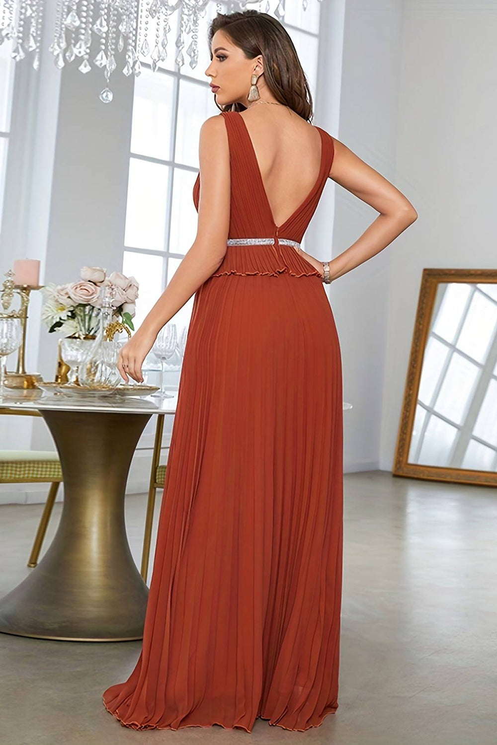 Brick Red Sheath V Neck Long Prom Dress Sexy Evening Dresses
