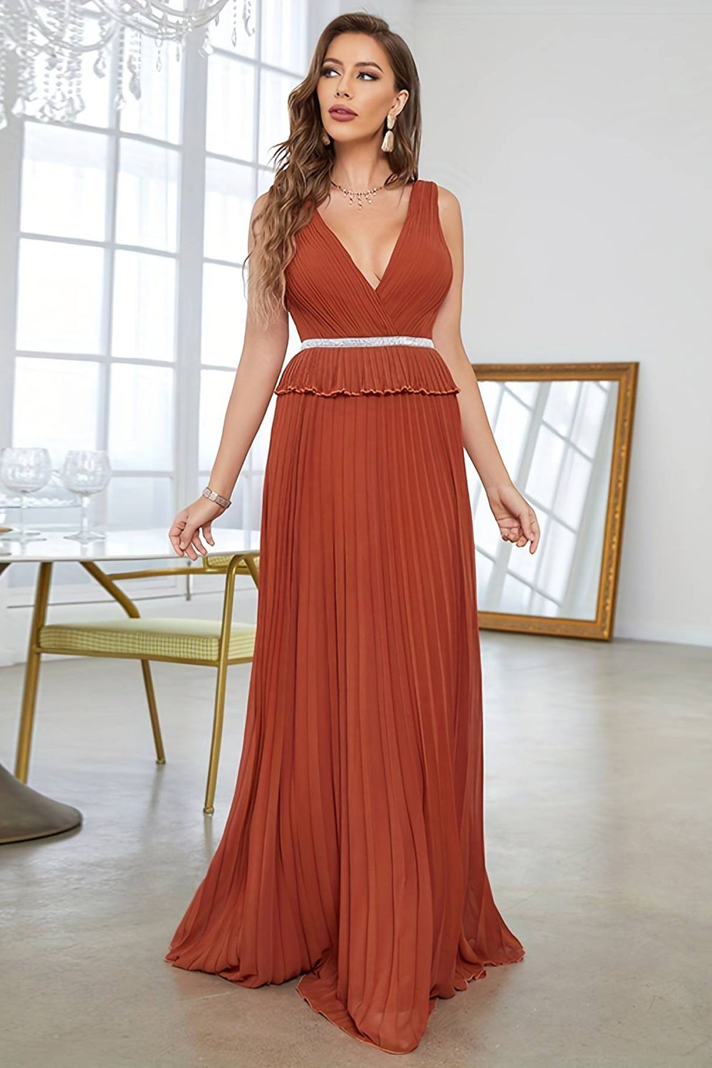 Brick Red Sheath V Neck Long Prom Dress Sexy Evening Dresses