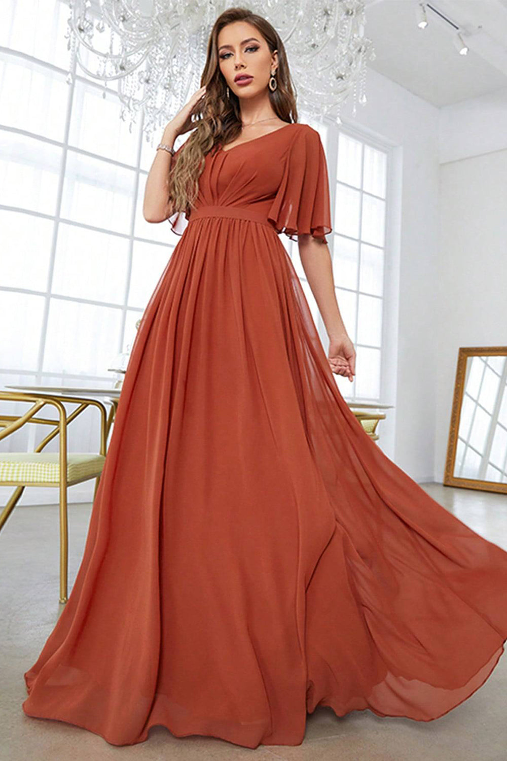 Brick Red Sheath Chiffon Long Prom Dress V-neck Evening Dresses