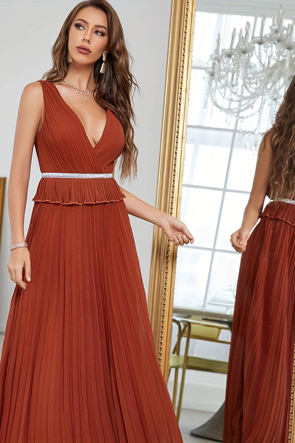 Brick Red Sheath V Neck Long Prom Dress Sexy Evening Dresses