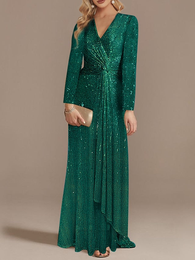 Trumpet/Mermaid V-Neck Long Sleeves Prom Evening Dresses With Sequin Sparkly