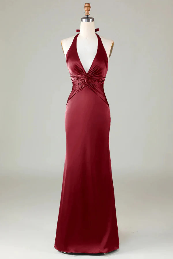 Fish tail hanging neck deep green long satin bridesmaid dress V-neck Sexy Evening Dresses