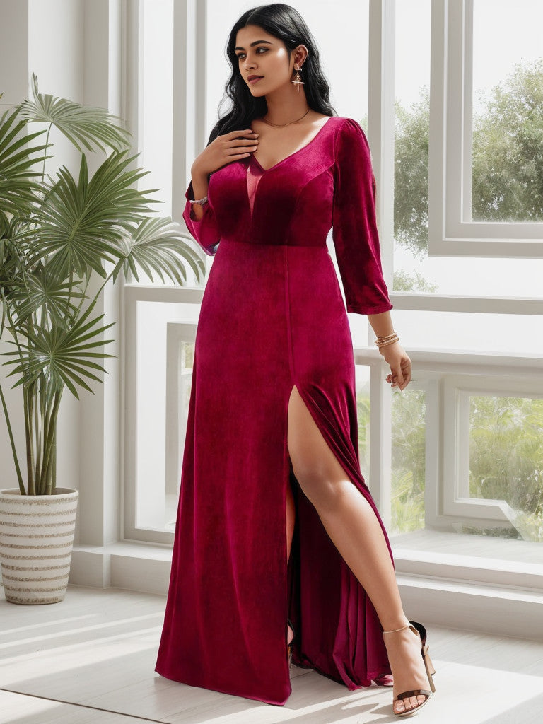 Plus Size Velvet Plunging V-Neck Front Slit 3/4 Sleeve Evening Dress Sexy