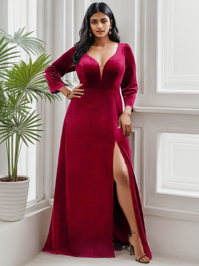 Plus Size Velvet Plunging V-Neck Front Slit 3/4 Sleeve Evening Dress Sexy