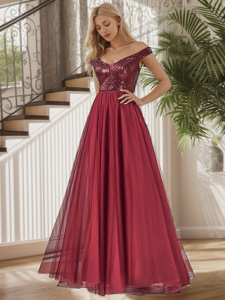Shiny Sequin Bodice Off the Shoulder Maxi Tulle Evening Dress Sparkly