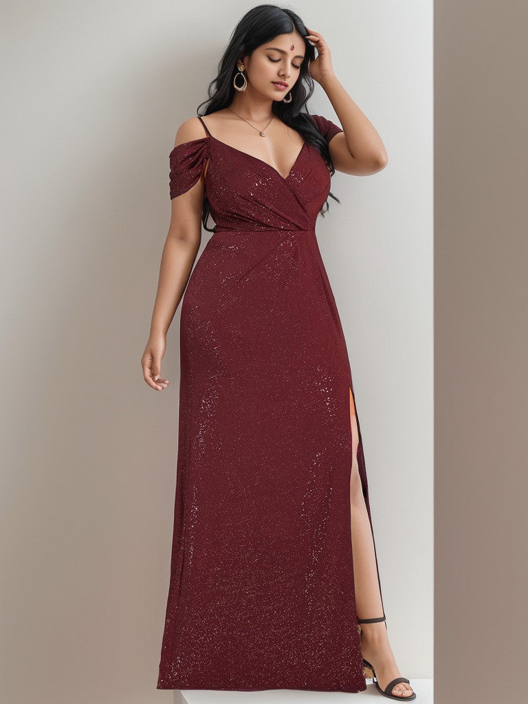Plus Size V-Neck Cold Shoulder Floor-Length Evening Dress Sparkly
