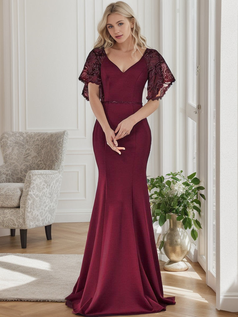 Sexy V Neck Maxi Bodycon Evening Dress with Flare Sleeves Sexy