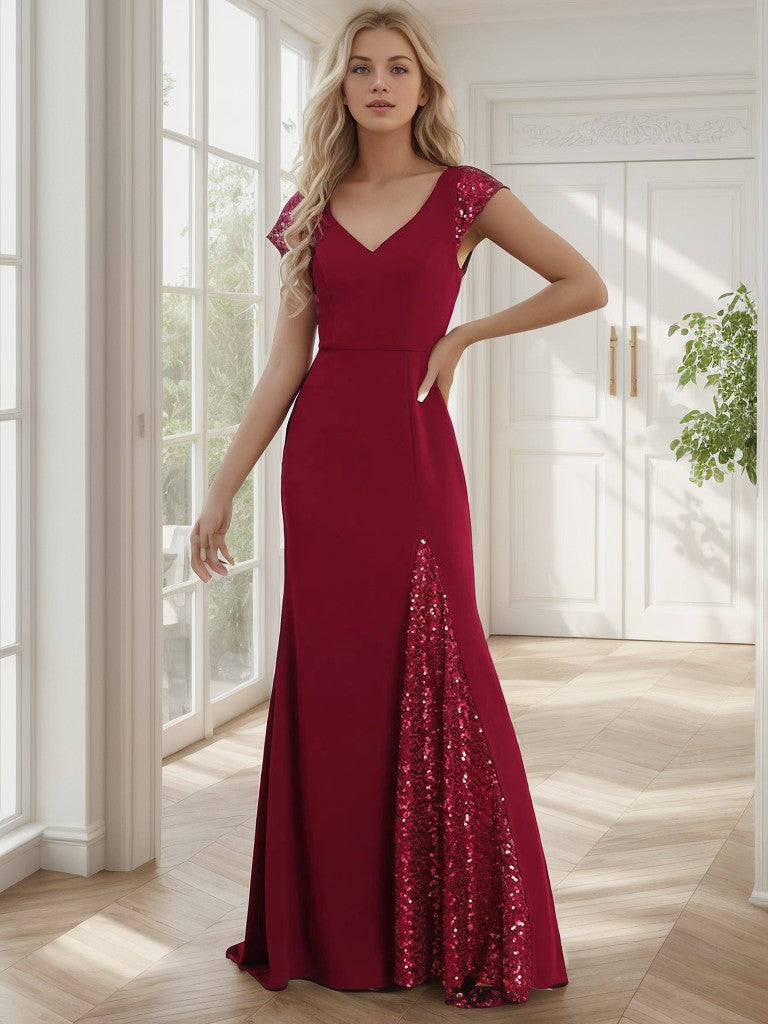 Sequin Cap Sleeve V-Neck A-Line Evening Dress Sparkly