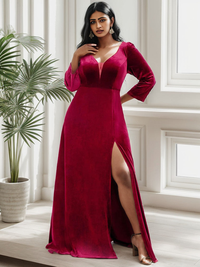 Plus Size Velvet Plunging V-Neck Front Slit 3/4 Sleeve Evening Dress Sexy