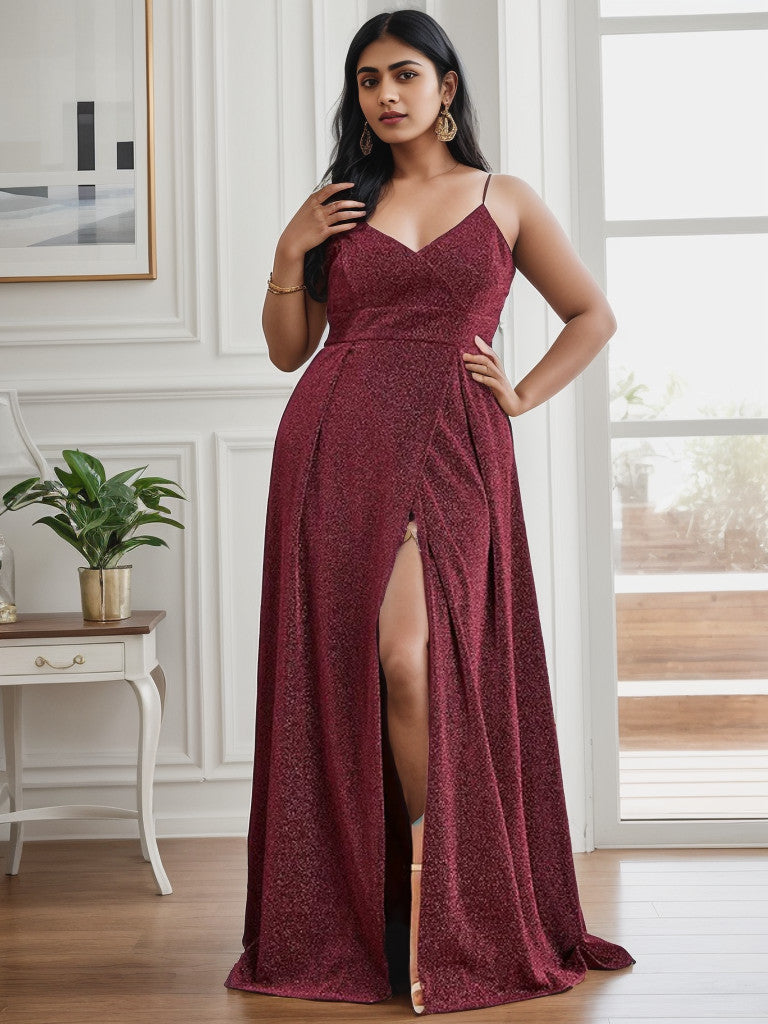 Plus Size Spaghetti Strap Shiny Formal Evening Dress for Wedding Sexy