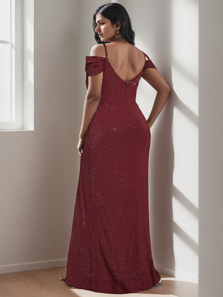Plus Size V-Neck Cold Shoulder Floor-Length Evening Dress Sparkly