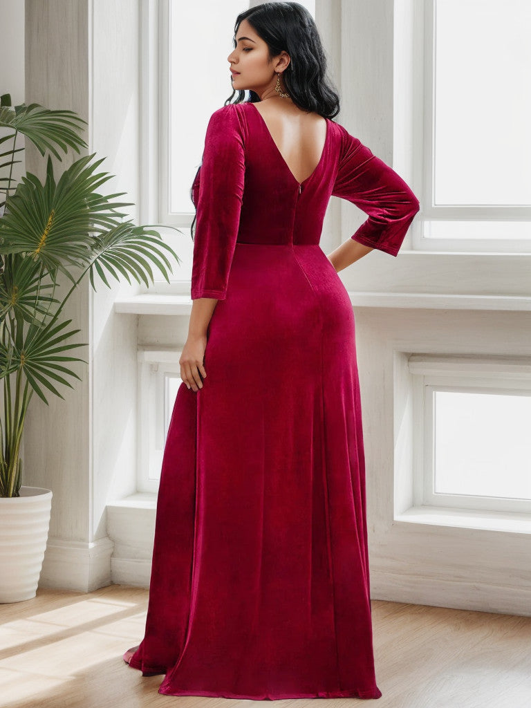 Plus Size Velvet Plunging V-Neck Front Slit 3/4 Sleeve Evening Dress Sexy