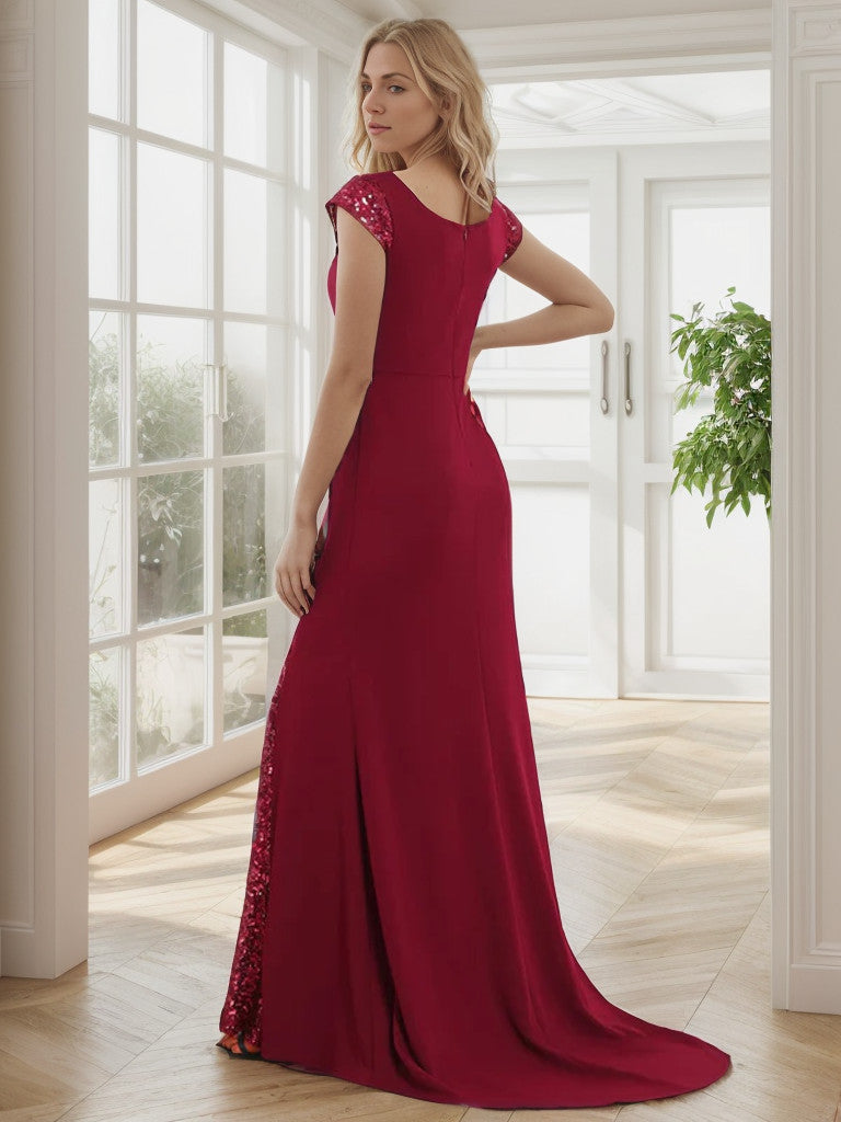 Sequin Cap Sleeve V-Neck A-Line Evening Dress Sparkly