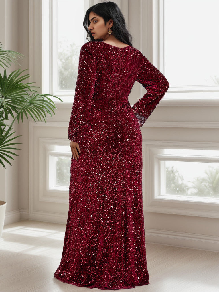 Plus Size Long Sleeve Sequin Front Slit Bodycon Evening Dress Sparkly