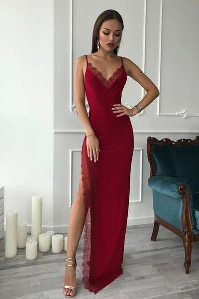 Black Spaghetti Straps Side High Slit V Neck Satin Mermaid Long Prom Dresses Sexy Evening Dresses