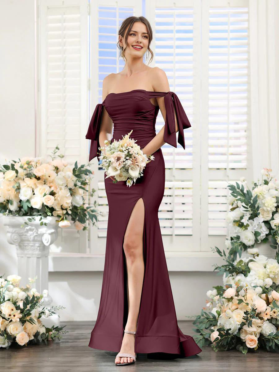 A-Line V-Neck Sleeve Bridesmaid Dress for Wedding Guest Long Chiffon Formal Party Dresses with Slit Sexy
