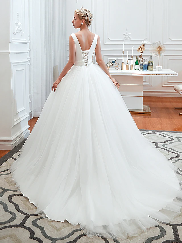 Ball Gown Wedding Dresses V Neck Court Train Tulle Regular Straps Simple Glamorous Backless